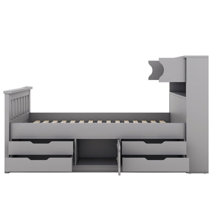 Captain Platform Bed Frame With Storage Bookcases, Shelves, And 4 Drawers