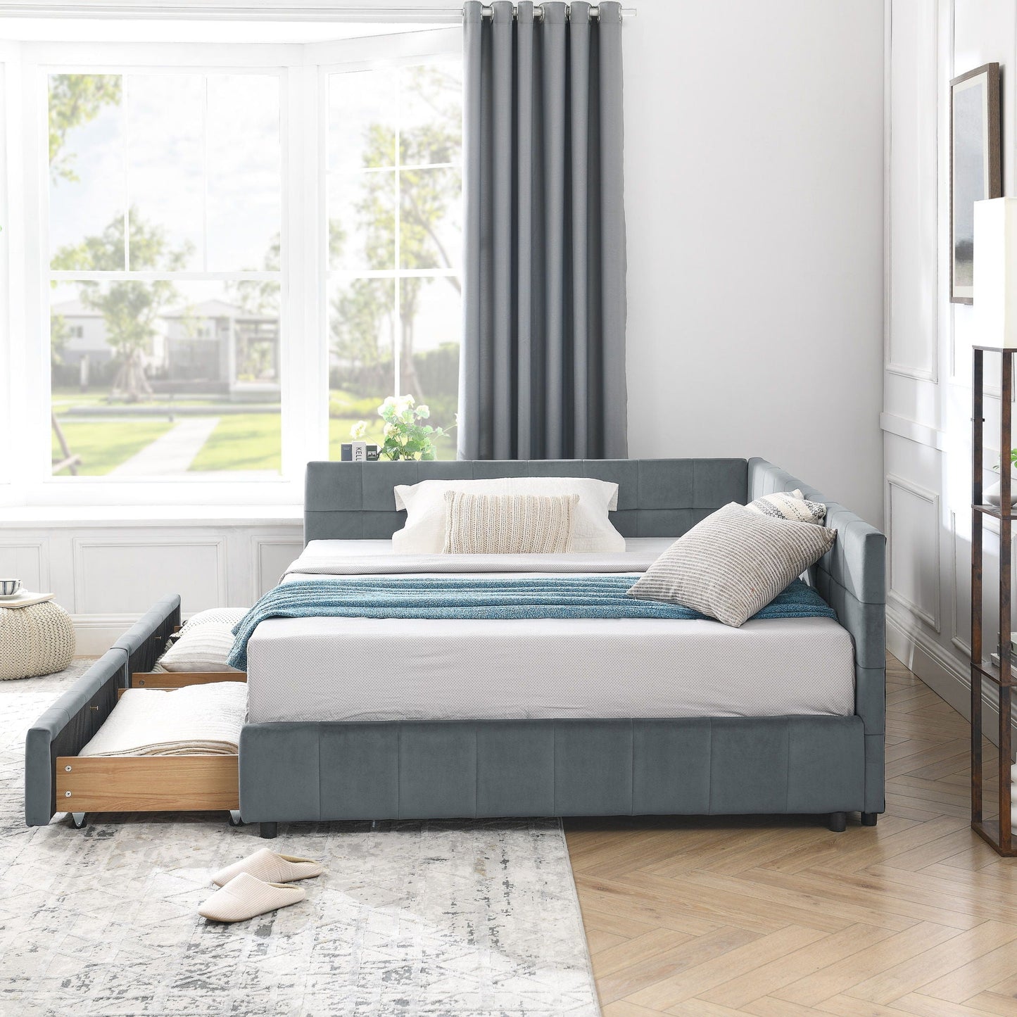 Mid-Century Storage Upholstered Tufted Bed Frame With Backrest And Armrests