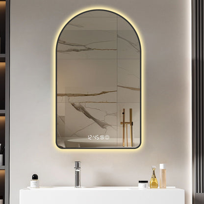 Arched LED Vanity Mirror With Time & Temperature Display, Anti-Fog, Dimmable Backlight In Frame, 3 Color Temperatures