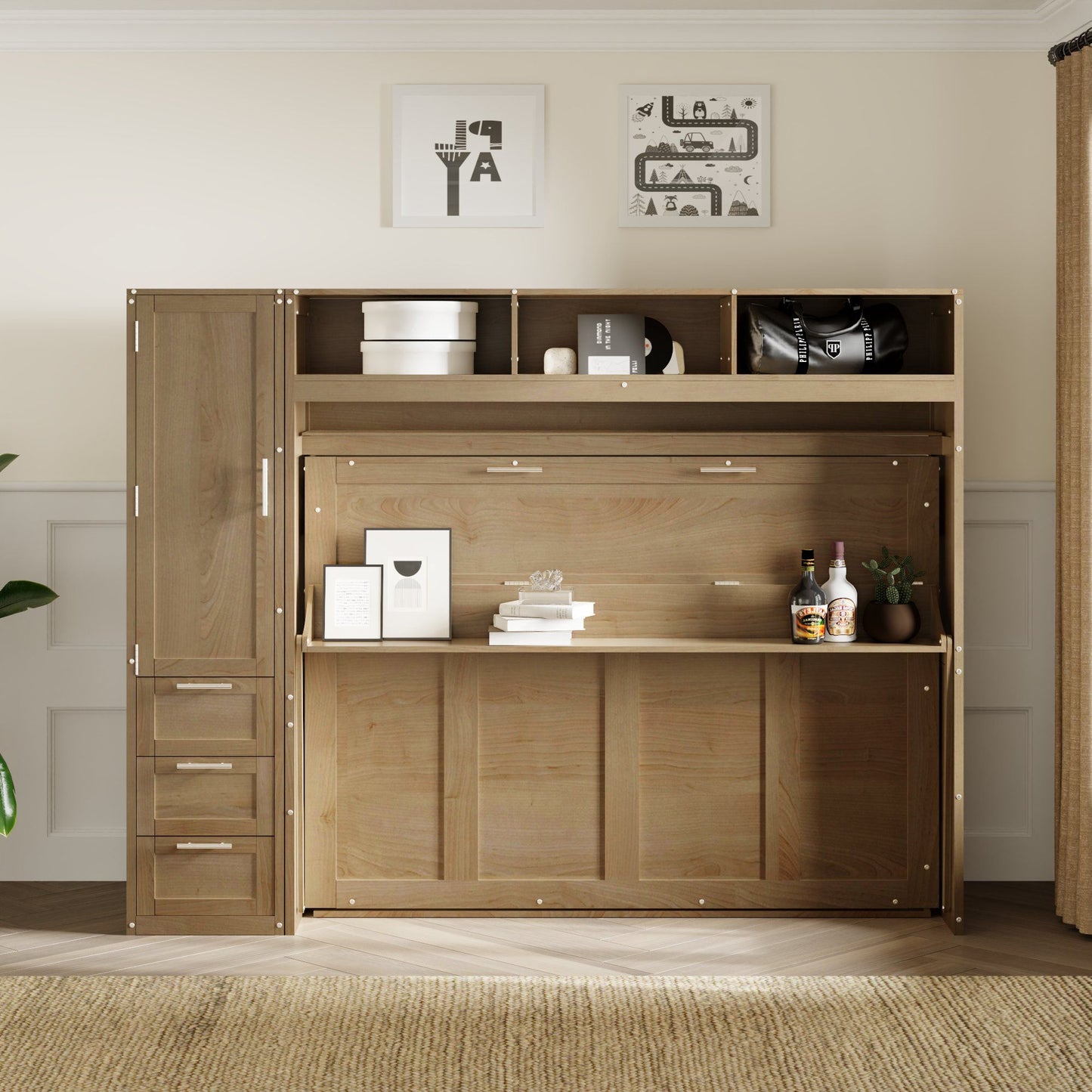 Full Size Murphy Bed With Wardrobe, Drawers, And Open Shelves - Wood