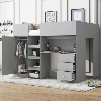 Loft Bed With Built In Wardrobe, Desk, Shelves, And Drawers