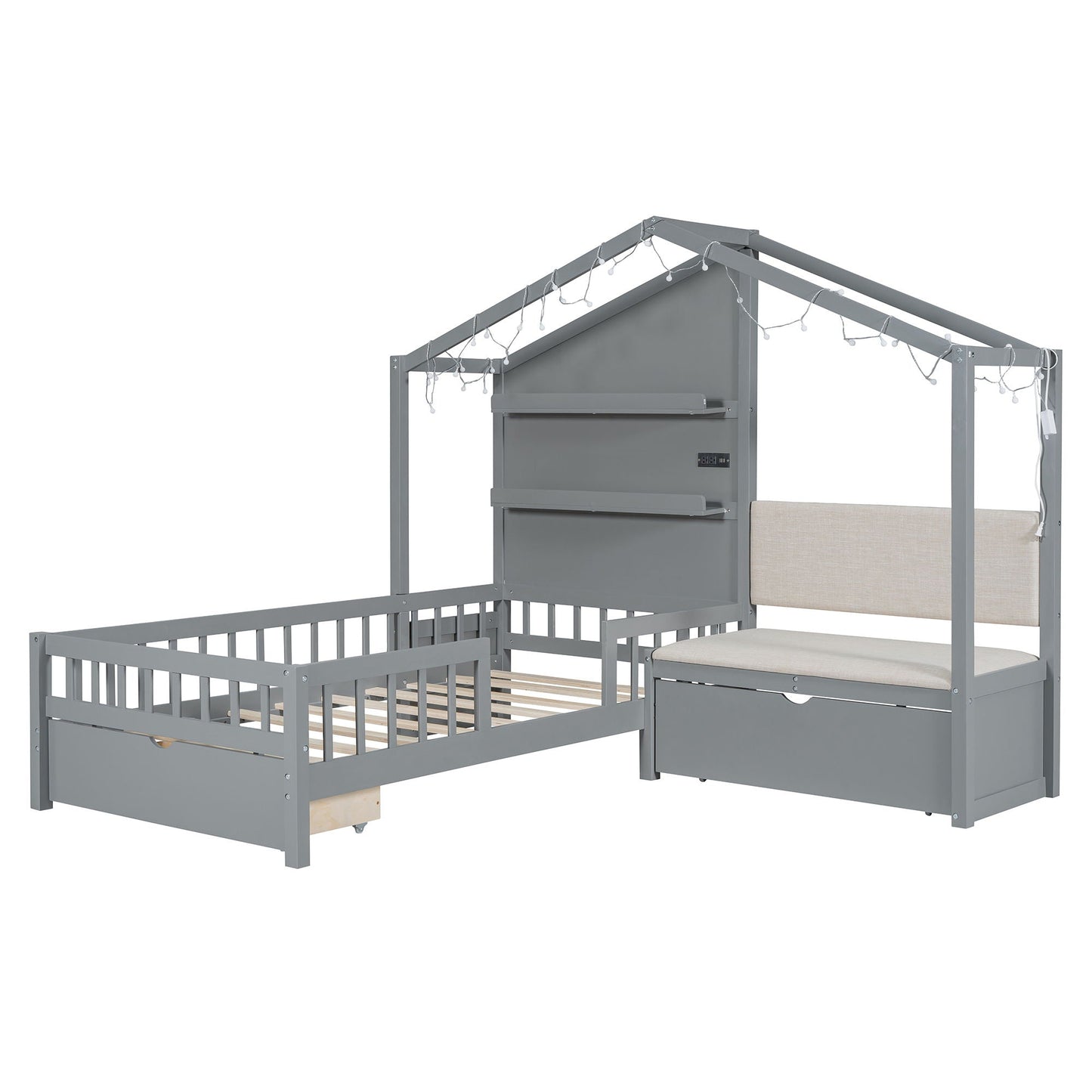 House Bed With Upholstered Sofa, Wireless Charging Station, Shelves And 2 Drawers