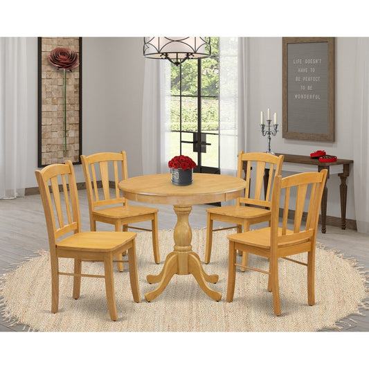 EAST WEST FURNITURE - AMDL5-OAK-W - 5-Piece Dining Room Table Set- 4 dining room chairs and Kitchen Dining Table - Wooden Seat and Slatted Chair Back - Oak Finish