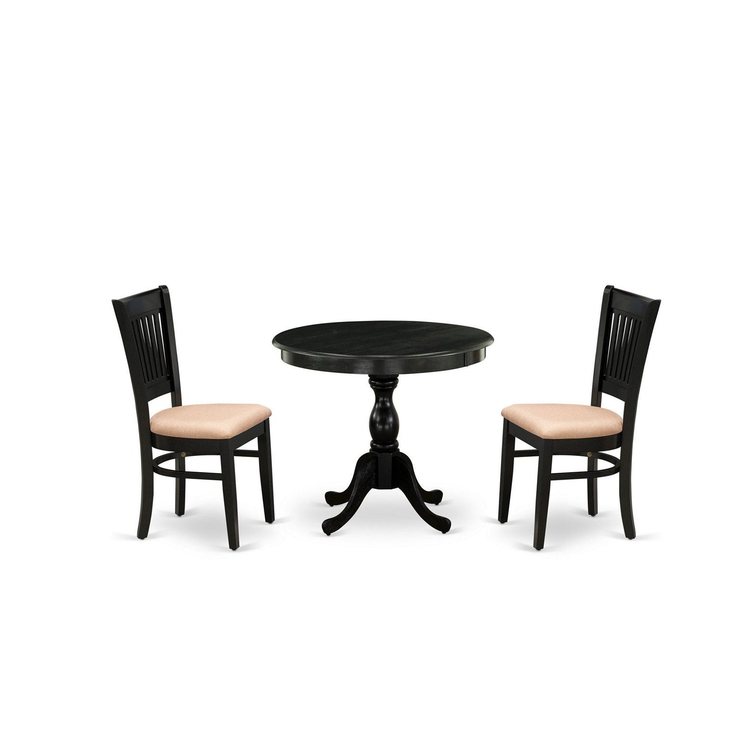 EAST WEST FURNITURE - AMVA3-BLK-C - 3-Pc Modern Dining Table Set- 2 Wood Dining Chair and Dining Room Table - Linen Fabric Seat and Slatted Chair Back (Black Finish)