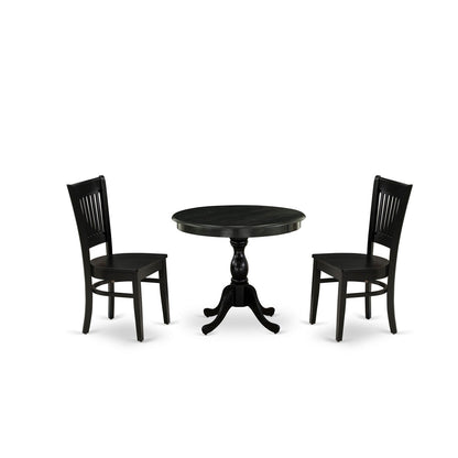 EAST WEST FURNITURE - AMVA3-BLK-W - 3-Pc Dinette Room Set- 2 Modern Dining Room Chair and Kitchen Dining Table - Wooden Seat and Slatted Chair Back (Black Finish)