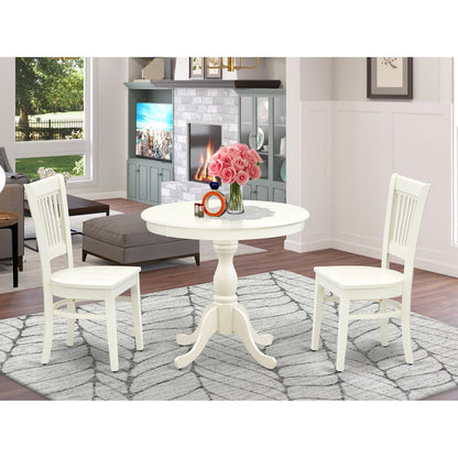 EAST WEST FURNITURE - AMVA3-LWH-W - 3-Pc Dining Room Table Set- 2 Dining Room Chair and Dining Table - Wooden Seat and Slatted Chair Back (linen white Finish)