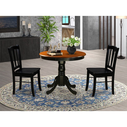 EAST WEST FURNITURE - ANDL3-BLK-W - 3-Piece Dining Room Set- 2 Dining Chair and Modern Round Dining Table - Wooden Seat and Slatted Chair Back (Black Finish)