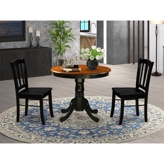EAST WEST FURNITURE - ANDL3-BLK-W - 3-Piece Dining Room Set- 2 Dining Chair and Modern Round Dining Table - Wooden Seat and Slatted Chair Back (Black Finish)