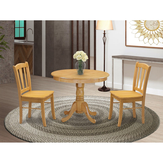 EAST WEST FURNITURE - ANDL3-OAK-W - 3-Piece Dinette Room Set- 2 Kitchen Dining Chair and Wooden Dining Table - Wooden Seat and Slatted Chair Back - Oak Finish