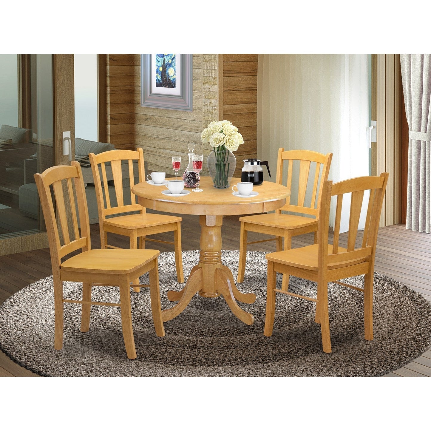 EAST WEST FURNITURE - ANDL5-OAK-W - 5-Pc Dining Room Table Set- 4 Dining Room Chair and dining table - Wooden Seat and Slatted Chair Back - Oak Finish