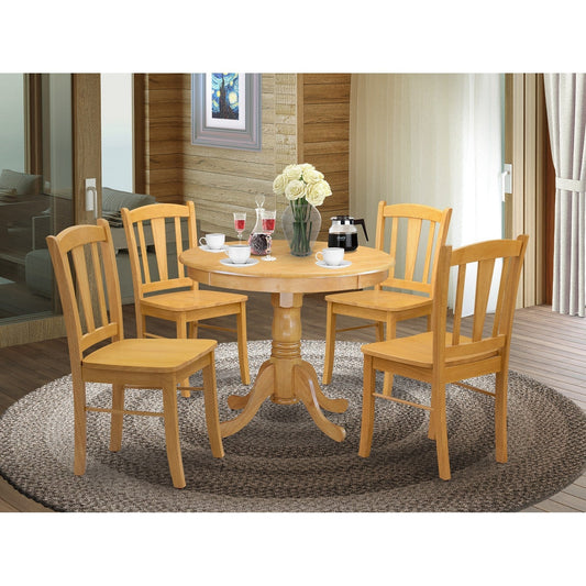 EAST WEST FURNITURE - ANDL5-OAK-W - 5-Pc Dining Room Table Set- 4 Dining Room Chair and dining table - Wooden Seat and Slatted Chair Back - Oak Finish