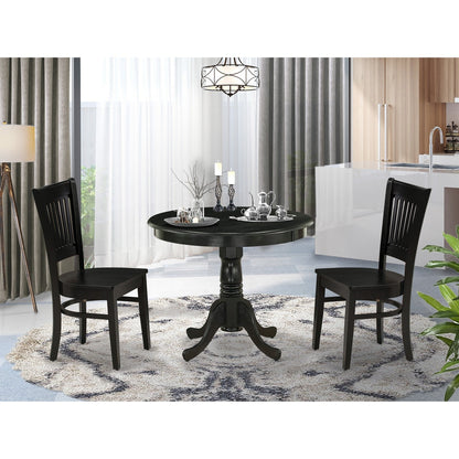 EAST WEST FURNITURE - ANVA3-BLK-W - 3-Piece Dining Room Set- 2 Kitchen Chair and Modern dining room table - Wooden Seat and Slatted Chair Back (Black Finish)