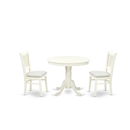 EAST WEST FURNITURE - ANVA3-LWH-C - 3-Pc Dining Room Table Set- 2 Wooden Chairs and Round Dining Table - Linen Fabric Seat and Slatted Chair Back (linen white Finish)