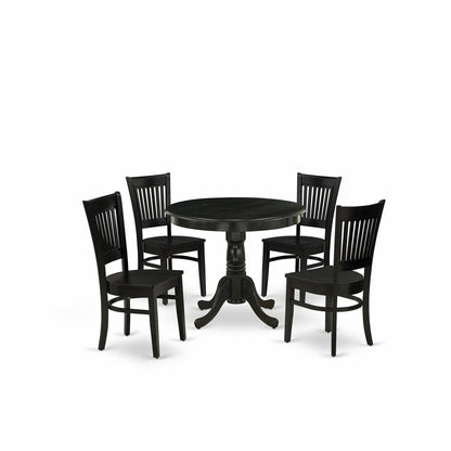 EAST WEST FURNITURE - ANVA5-BLK-W - 5-Pc Dining Room Table Set- 4 dining room chairs and Dining Room Table - Wooden Seat and Slatted Chair Back (Black Finish)