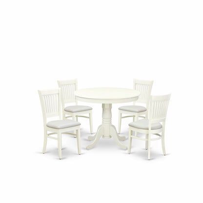 EAST WEST FURNITURE - ANVA5-LWH-C - 5-Piece Dining Table Set- 4 dining room chairs and Wooden Dining Table - Linen Fabric Seat and Slatted Chair Back (linen white Finish)