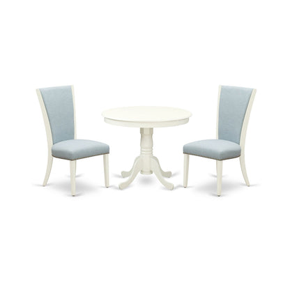 EAST WEST FURNITURE - ANVE3-LWH-15 - 3 Pc Dining Room Set - 2 Baby Blue Linen Fabric Dining Chairs with High Back and 1 Removable leaf Dining Room Table - linen white Finish