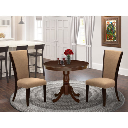 EAST WEST FURNITURE - ANVE3-MAH-47 - 3 Pc Kitchen Dining Set - 2 Light Sable Linen Fabric Parson Dining Chairs with High Back and 1 Modern Kitchen Table - Mahogany Finish