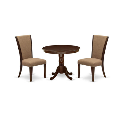 EAST WEST FURNITURE - ANVE3-MAH-47 - 3 Pc Kitchen Dining Set - 2 Light Sable Linen Fabric Parson Dining Chairs with High Back and 1 Modern Kitchen Table - Mahogany Finish