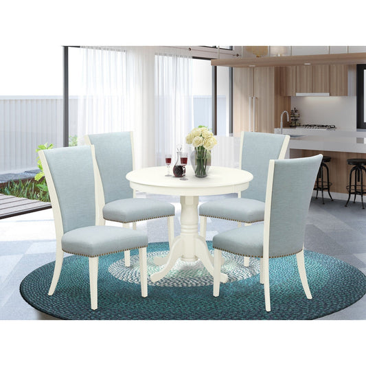 EAST WEST FURNITURE - ANVE5-LWH-15 - 5 Piece Dining Room Set - 4 Baby Blue Linen Fabric Kitchen Chairs with High Back and 1 Modern Dining Room Table - linen white Finish