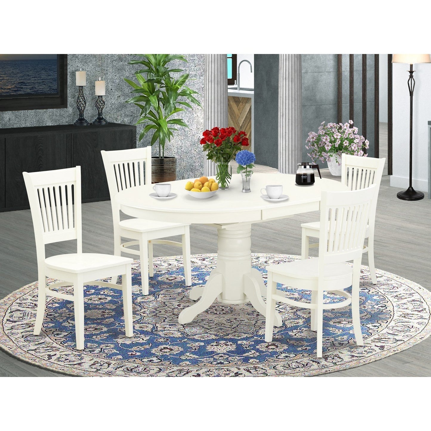 EAST WEST FURNITURE - AVVA5-LWH-W - 5-Piece Modern Dining Set- 4 Mid Century Chair with Wooden Seat and Slatted Chair Back - Removable leaf Oval Dining Table - linen white Finish