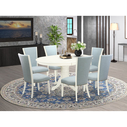 EAST WEST FURNITURE - AVVE7-LWH-15 - 7 Piece Dining Room Table Set - 6 Baby Blue Linen Fabric Dining Room Chairs with High Back and 1 Oval Dining Table - Removable leaf - linen white Finish