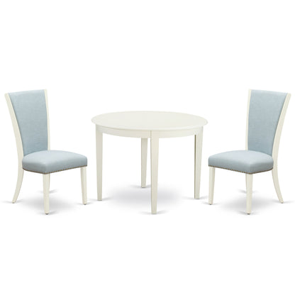 EAST WEST FURNITURE - BOVE3-WHI-15 - 3 Piece Dining Table Set - 2 Baby Blue Linen Fabric Kitchen Chairs with High Back and 1 Modern Rectangular Dining Table - linen white Finish