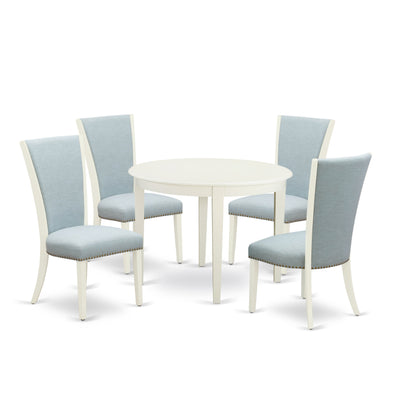 EAST WEST FURNITURE - BOVE5-WHI-15 - 5 Pc Modern Dining Table Set - 4 Baby Blue Linen Fabric Mid Century Dining Chairs with High Back and 1 Modern Dining Table - linen white Finish