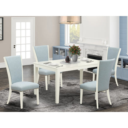 EAST WEST FURNITURE - CAVE5-LWH-15 - 5 Piece Dining Table Set - 4 Baby Blue Linen Fabric Dining Chairs with High Back and 1 Wooden Dining Table - linen white Finish