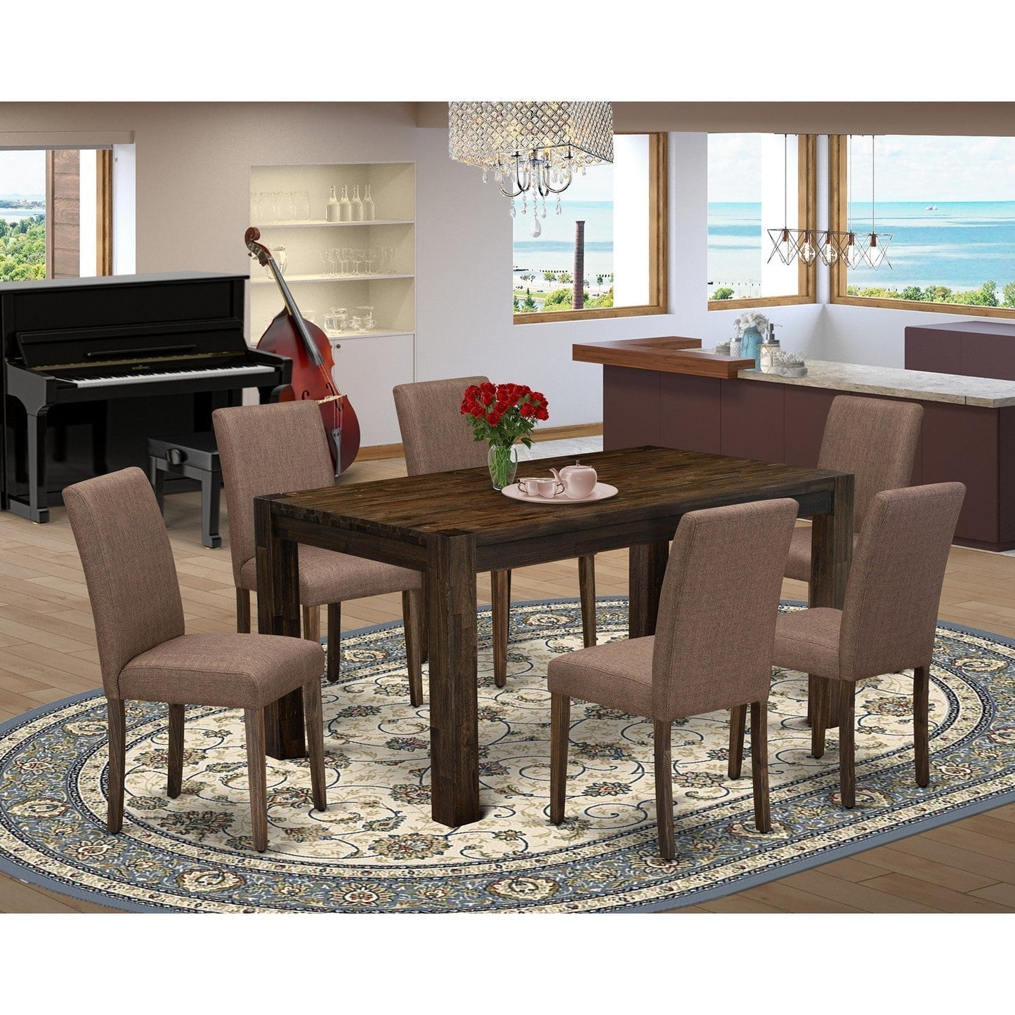 EAST WEST FURNITURE - CNAB7-77-47 - 7-Pc Dinette Room Set- 6 Dining Chairs and Rectangular Dining Table - Light Sable Linen Fabric Seat and High Chair Back (Distressed Jacobean Finish)