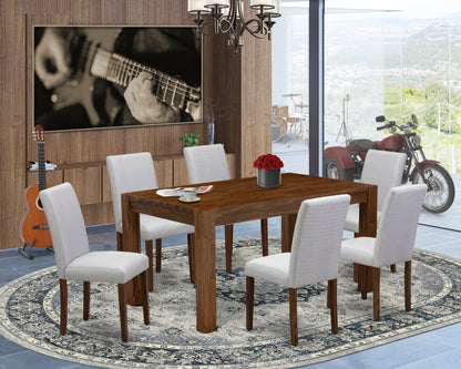 EAST WEST FURNITURE - CNAB7-N8-05 - 7-Pc Modern Dining Set- 6 Parson Dining Chairs and Modern Kitchen Table - Grey Linen Fabric Seat and High Chair Back (Antique Walnut Finish)