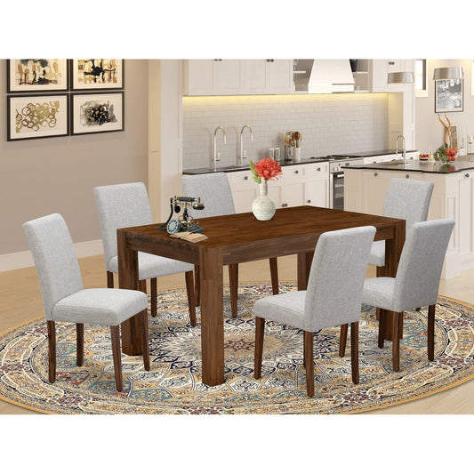 EAST WEST FURNITURE - CNAB7-NN-35 - 7-Pc Dining Room Set- 6 Dining Padded Chairs and dining table - Doeskin Linen Fabric Seat and High Chair Back (Antique Walnut Finish)