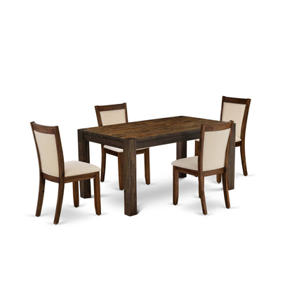 EAST WEST FURNITURE - CNMZ5-N7-32 - 5-Piece Dinner Table Set - A Mid Century Dining Table and 4 Light Beige Linen Fabric Padded Wood Dining Chairs with Stylish High Back � (Distressed Jacobean Finish)