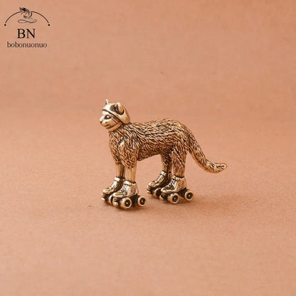Copper Ski cat Small Ornaments Solid Brass Antique Animal Sculpture Crafts Desk Tea Table Decoration Home Decor for Living Room
