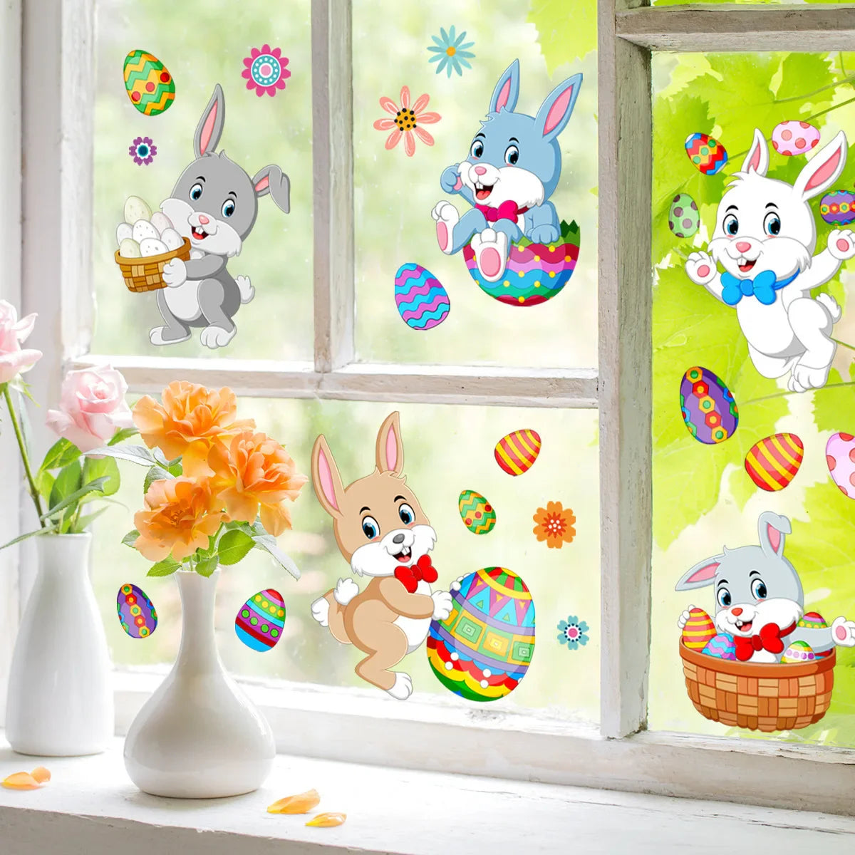 2sheet Easter Bunny Window Clings Cute Rabbit Egg Hunt Game Decoration Wall Sticker Glass Decals Easter Party Spring Home Decor