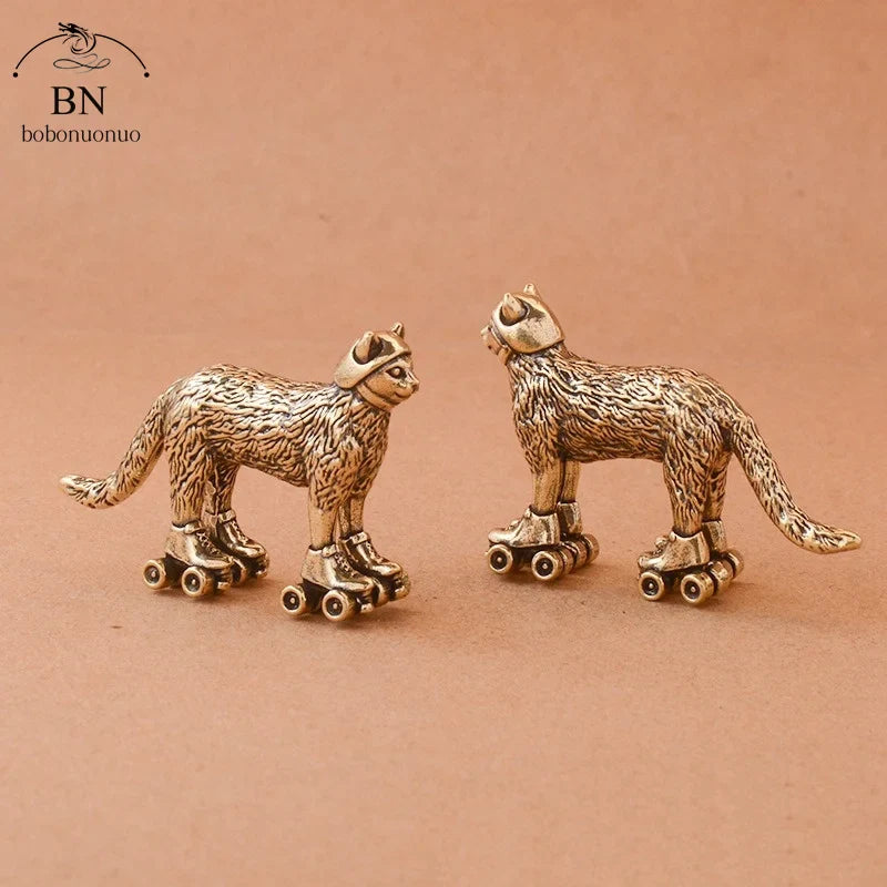 Copper Ski cat Small Ornaments Solid Brass Antique Animal Sculpture Crafts Desk Tea Table Decoration Home Decor for Living Room