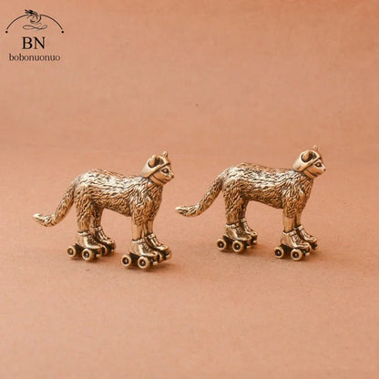 Copper Ski cat Small Ornaments Solid Brass Antique Animal Sculpture Crafts Desk Tea Table Decoration Home Decor for Living Room