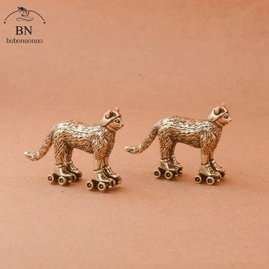 Copper Ski cat Small Ornaments Solid Brass Antique Animal Sculpture Crafts Desk Tea Table Decoration Home Decor for Living Room
