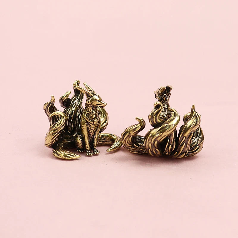 Miniature Antique Brass Lucky Nine Tailed Fox Figurines/Bat Ornament Copper Animal Mini Office Desktop Crafts Home Decor
