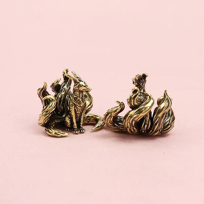 Miniature Antique Brass Lucky Nine Tailed Fox Figurines/Bat Ornament Copper Animal Mini Office Desktop Crafts Home Decor