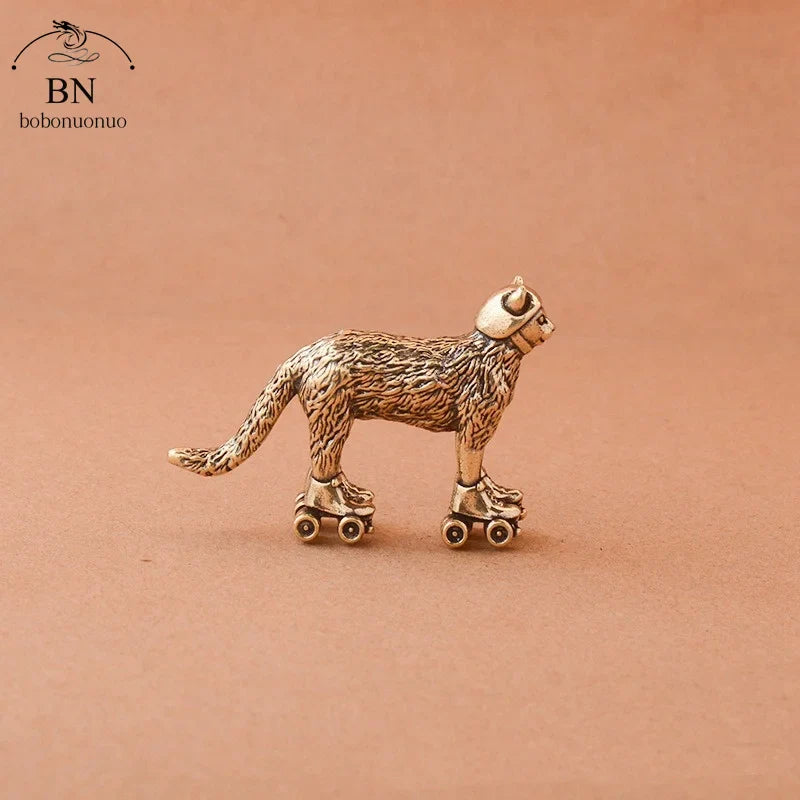 Copper Ski cat Small Ornaments Solid Brass Antique Animal Sculpture Crafts Desk Tea Table Decoration Home Decor for Living Room