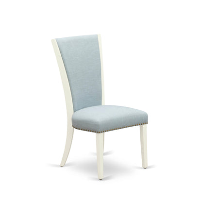 EAST WEST FURNITURE - AVVE5-LWH-15 - 5 Pc Dining Room Table Set - 4 Baby Blue Linen Fabric Dining Padded Chairs with High Back and 1 Removable leaf Oval Dining Table - linen white Finish