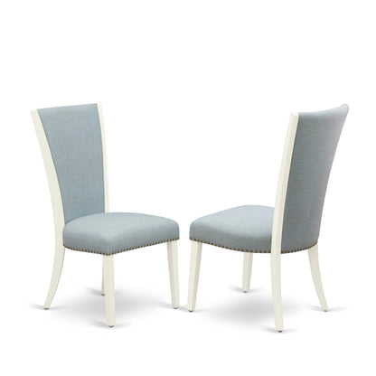 EAST WEST FURNITURE - AVVE5-LWH-15 - 5 Pc Dining Room Table Set - 4 Baby Blue Linen Fabric Dining Padded Chairs with High Back and 1 Removable leaf Oval Dining Table - linen white Finish