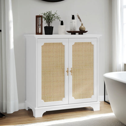 Rattan Decorated Sideboard Buffet Storage Liquor Cabinet - White