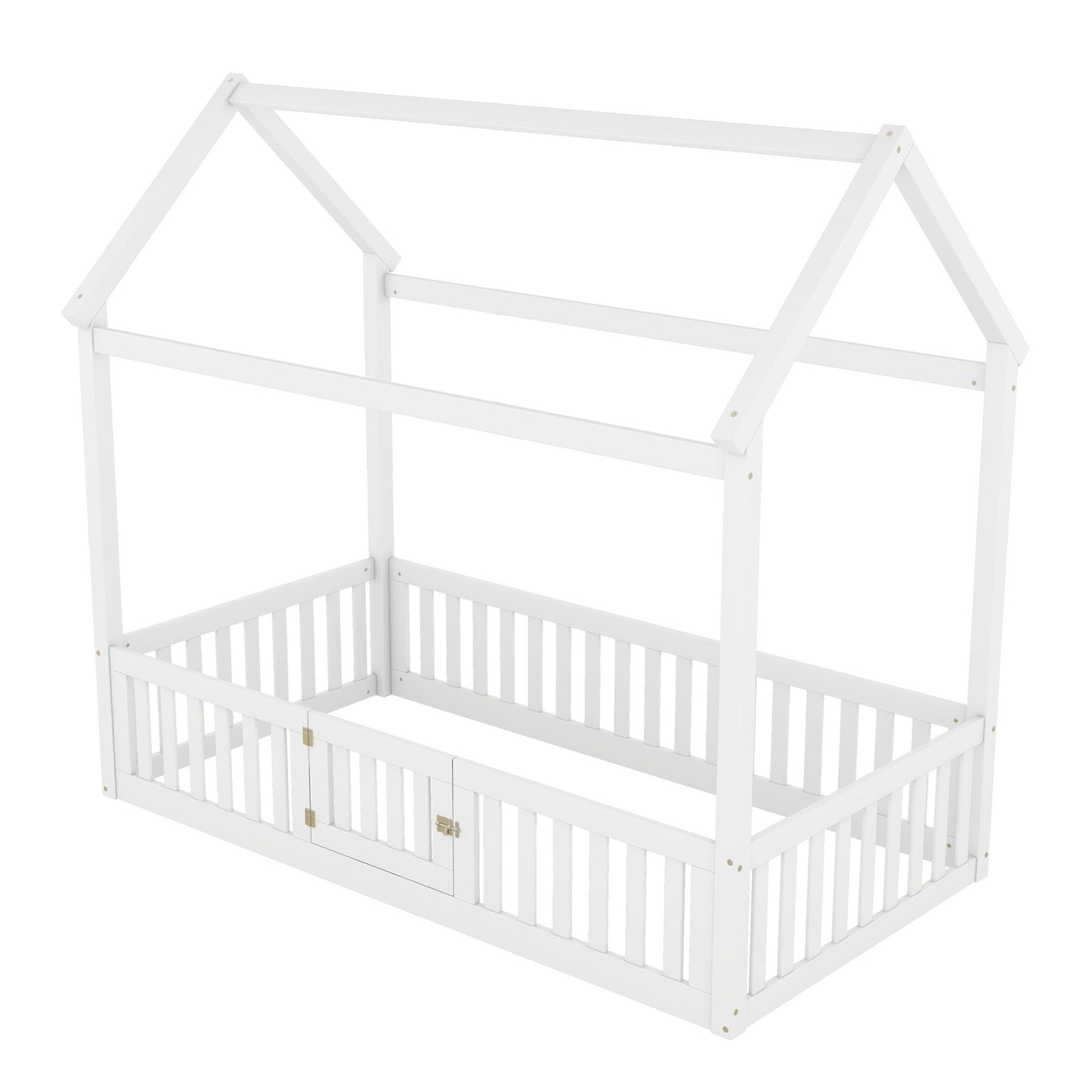 Wood House Bed With Fence And Door