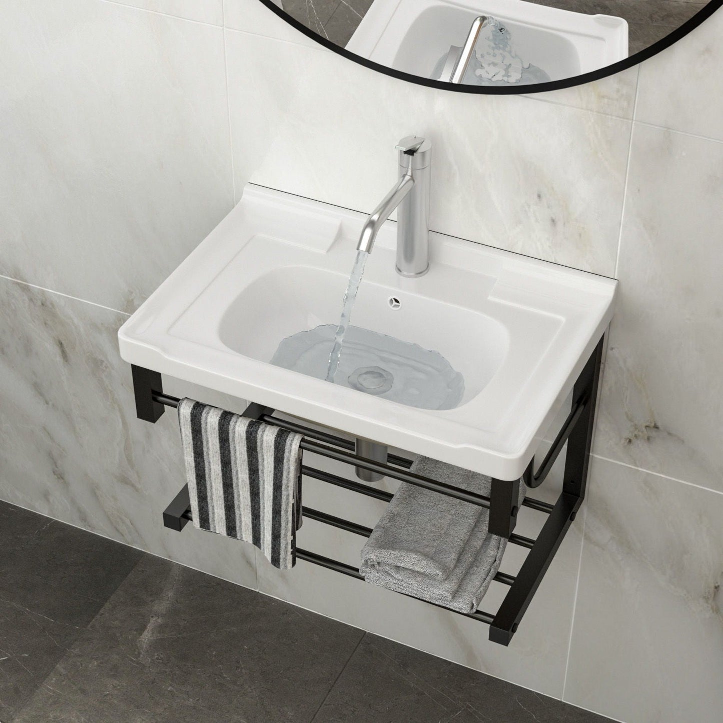 Wall Mounted Rectangular Bathroom Sink With Towel Bar & Overflow - White