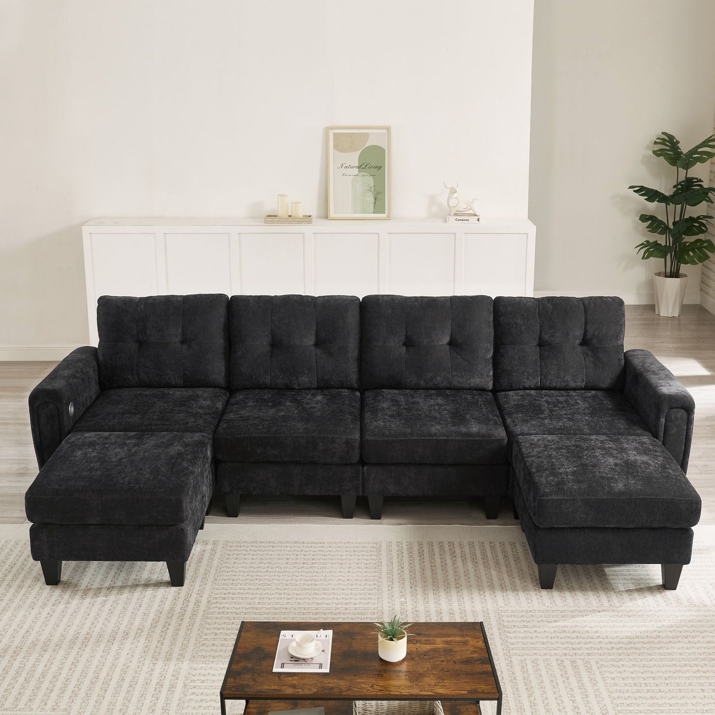 Modular Sectional Sofa With Movable Ottomans, USB Ports & Side Tables