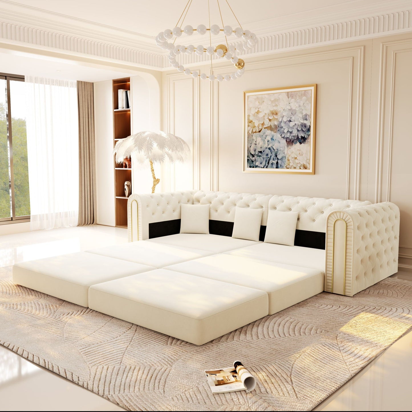 3-In-1 Convertible Sleeper Sofa With Movable Ottoman For Living Room
