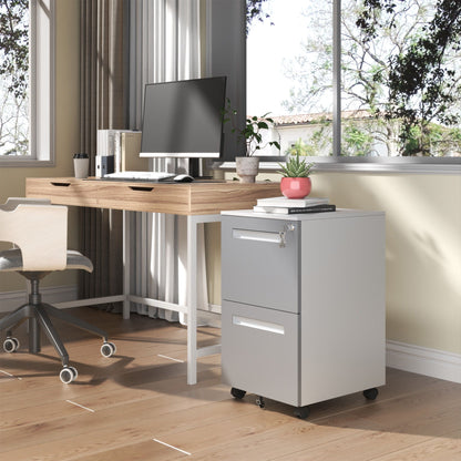 2-Drawer Mobile File Cabinet With Lock,On 360° Wheels, Holds A4/Letter/Legal Files - White
