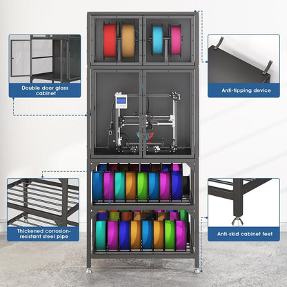 3D Printer Cabinet With Double Layer Filament Storage, Noise Reducing Design - Black