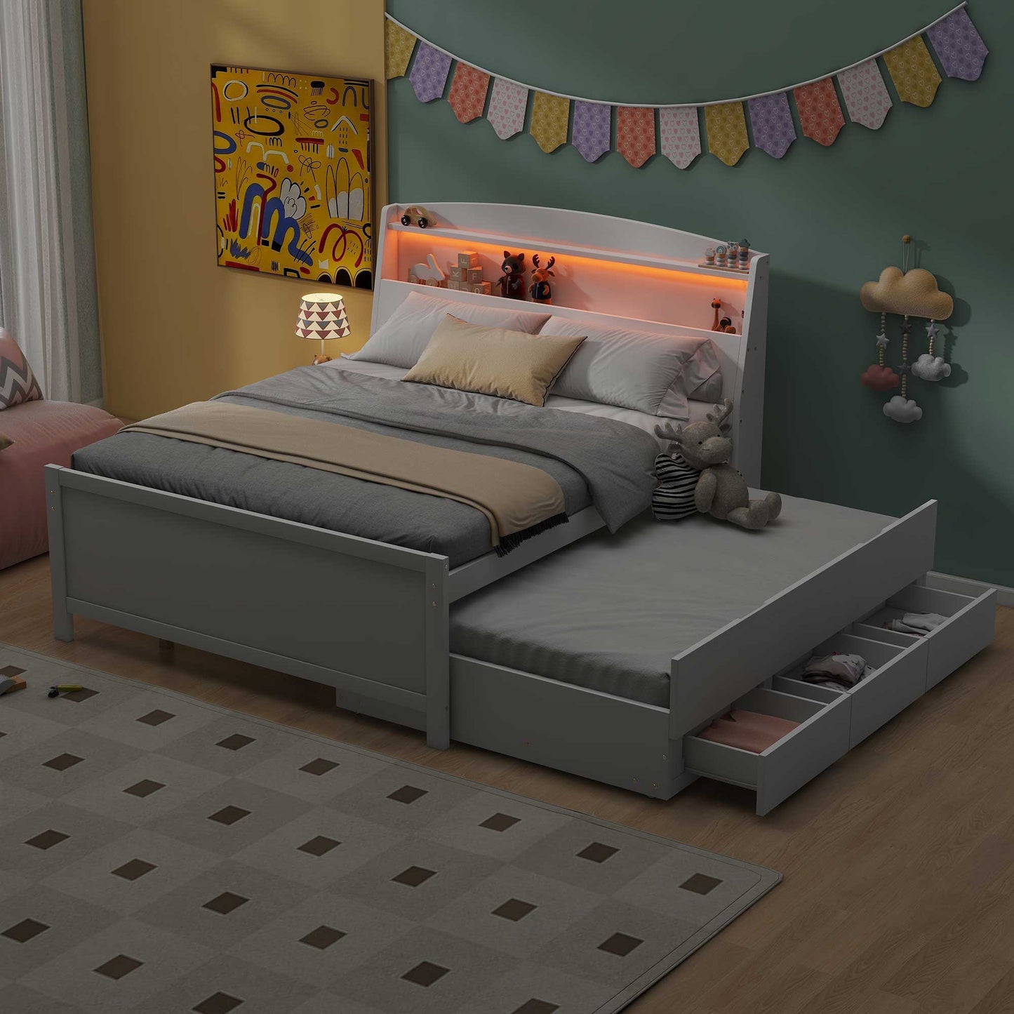 Full Size Platform Bed With Storage LED Headboard, Twin Trundle And 3 Drawers - White